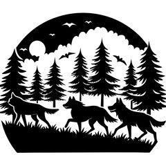 Wolf Pack Silhouette Running Through Dusk Forest Vector Art