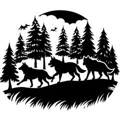 Wolf Pack Silhouette Running Through Dusk Forest Vector Art