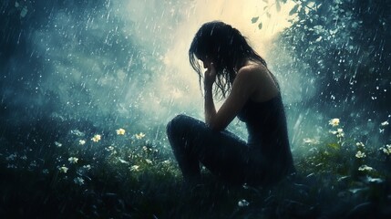 Fototapeta premium A thoughtful woman lost in thought in the rain drops that appeared in the garden.