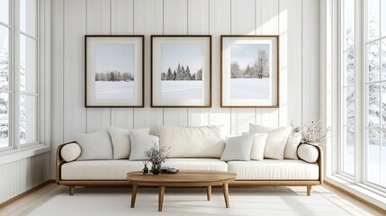 A simple living room with white walls and wood paneling. Picture frames with winter scenes add a touch of warmth.