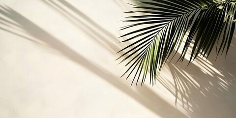 Fototapeta premium Shadow of palm leaves on white concrete light beige wall. Generative AI