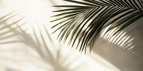 Obraz premium Shadow of palm leaves on white concrete light beige wall. AI generative