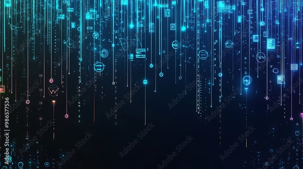 Poster Abstract digital rain of glowing icons falling from the top of the frame.
