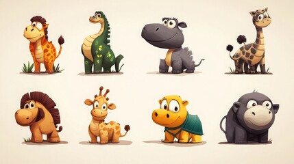 Obraz premium cute comic style, big animal set for kids, white background, 16:9