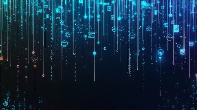 Abstract digital rain of glowing icons falling from the top of the frame.