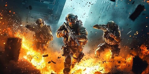 Dramatic video game style key art with heroic characters and dynamic explosion and combat. Generative AI