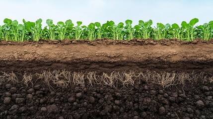 Cross-section of farmland showing different soil layers and crop roots, soil structure focus