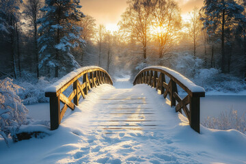 Obraz premium Snowy, wooden bridge in a winter day. Stare Juchy, Poland 