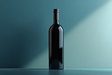 A single, unopened bottle of red wine on a teal surface