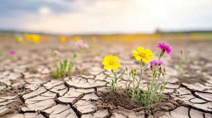 Dried riverbed soil regenerating with emerging wildflowers, soil restoration idea