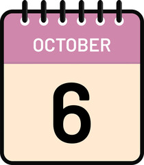 Calendar month 6 October date icon with cute pastel colors