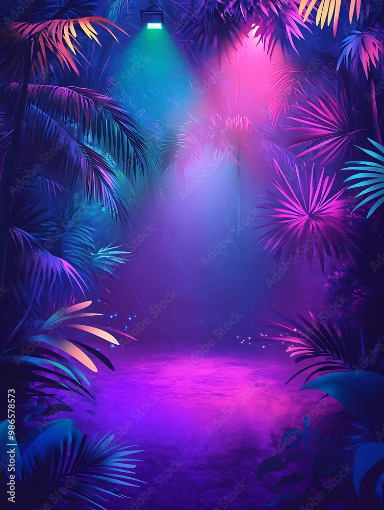 Wall mural Neon Tropical Jungle Background With Purple, Blue, and Pink Lights