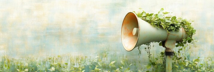 Environmental concept of a megaphone covered in green plants and leaves outdoors