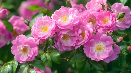 Close up view of pink Rosa damascena shrub plant