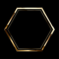 Frame in the shape of a hexagon on a black background. Empty space for an image, painting, postcard or photograph. 3D realistic mockup of a modern gold object.