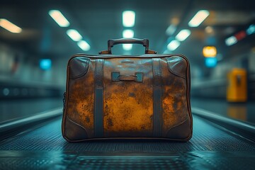 A vintage leather suitcase alone on an airport baggage carousel
