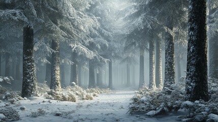 A wintery forest scene with snow-laden trees standing tall.