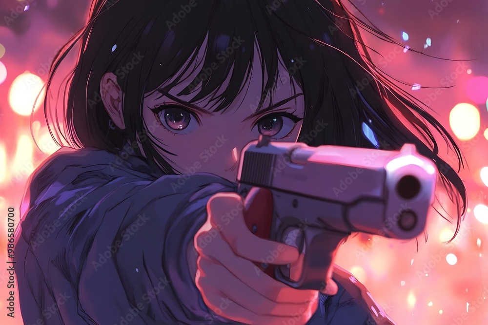 Wall mural Anime girl aiming a gun, dark, intense, and action packed