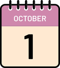 Calendar 1 October date icon with cute pastel colors
