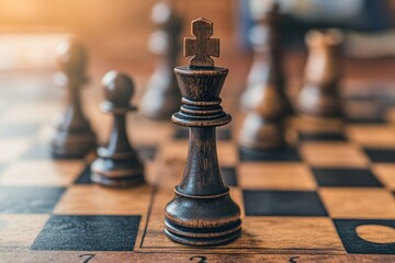 Closeup of a Wooden Black King Chess Piece on a Chessboard