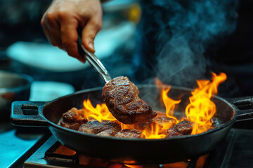 Chef cooking steak in kitchen. generative AI
