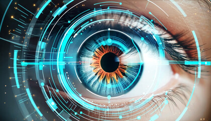 A detailed closeup of a human eye, showcasing the iris and pupil, with superimposed circular graphical elements symbolizing vision analysis or ophthalmology diagnostic technology