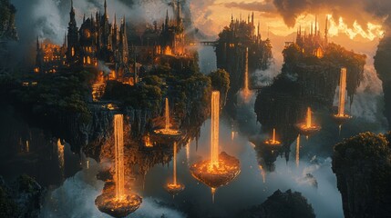 Enchanted Realm of Light: Surreal 3D Dark Fantasy Haven with Illuminated Cascading Waterfalls from Floating Islands