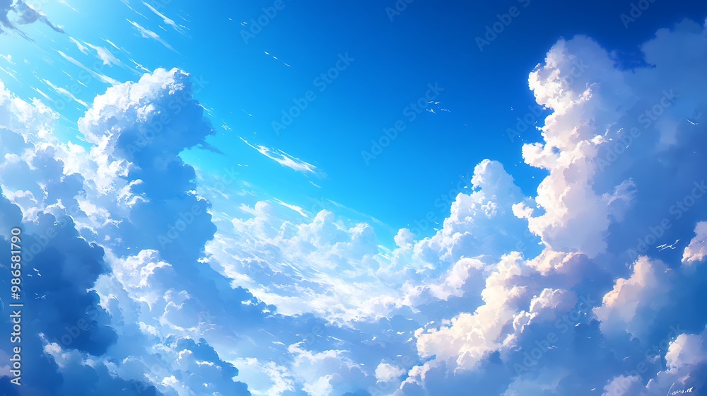 Sticker Bright blue sky with fluffy white clouds, perfect for background design