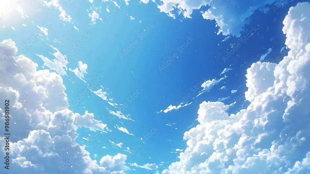 Canvas Prints Beautiful Blue Sky with White Fluffy Clouds, Sunshine & Heaven Concept