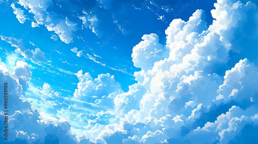 Poster Beautiful blue sky with fluffy white clouds, nature background, wallpaper, illustration