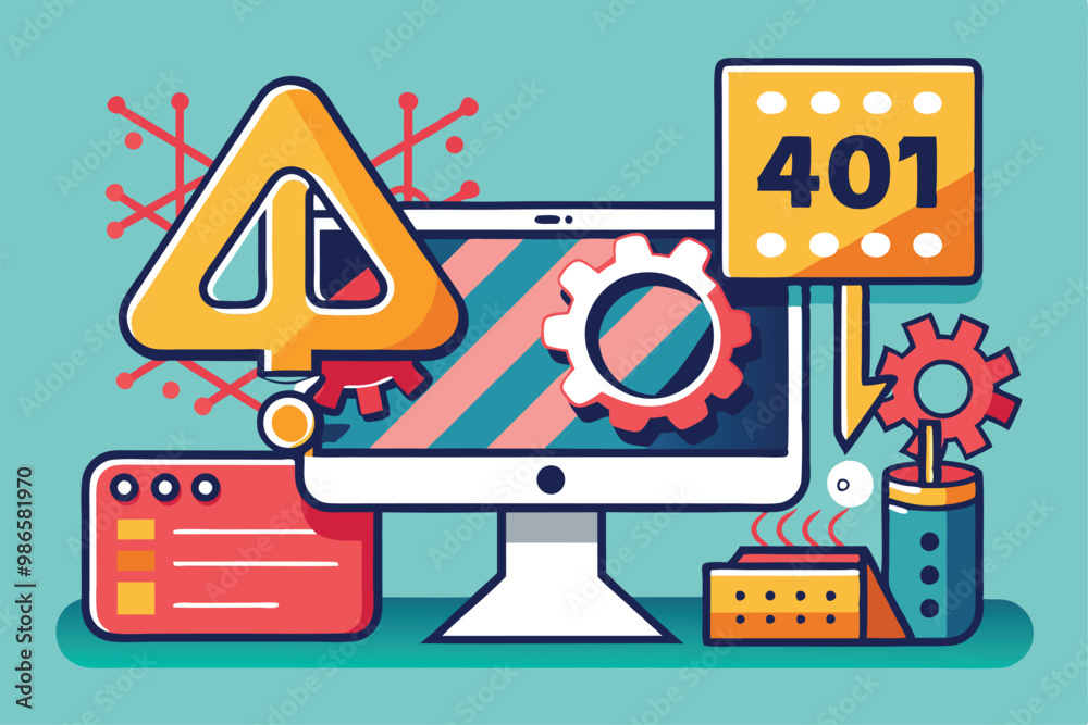Poster an illustration showing a computer screen with symbols indicating an unauthorized access error occur