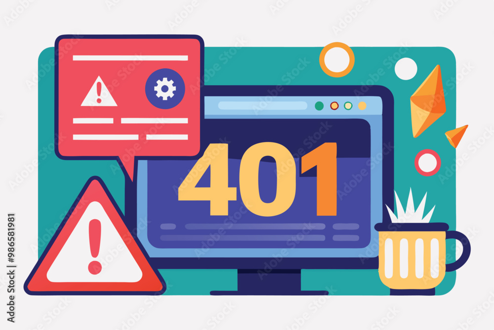 Poster a computer screen displays a 401 unauthorized error with warning symbols in a colorful design, 401 e