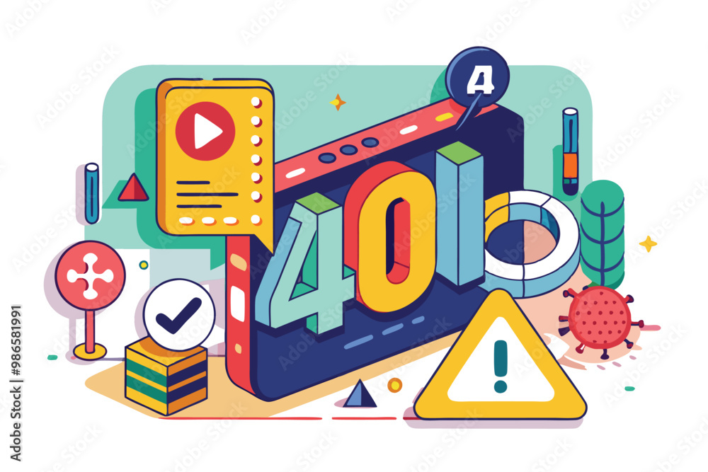 Poster colorful representation of a 401 unauthorized error with digital elements and playful shapes, 401 er