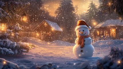 Obraz premium Christmas and New Year's greeting card with a snowman in a snowy winter scene.