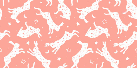 Seamless pattern with silhouettes of hares on a background of stars. Vector graphics.