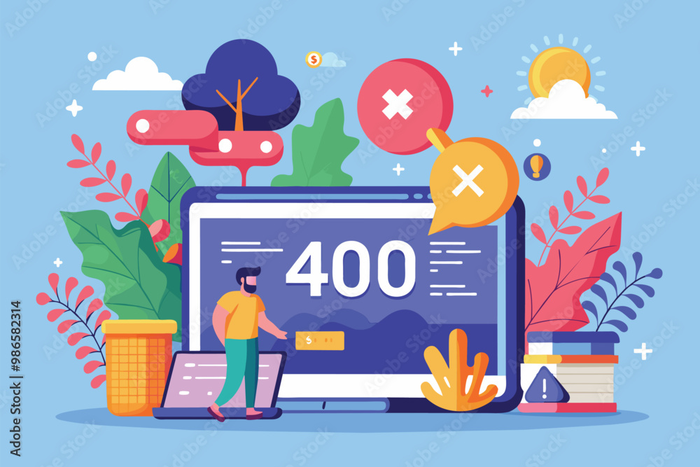 Poster a vibrant digital interface displays a 400 error message with illustrative elements like trees and s