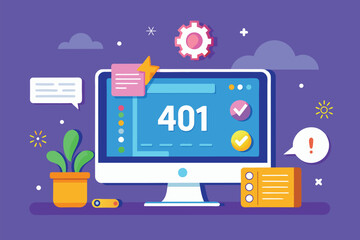 A colorful error page design concept showing a computer with error code 401 and visual indicators of issues, 404 error page with flat illustration