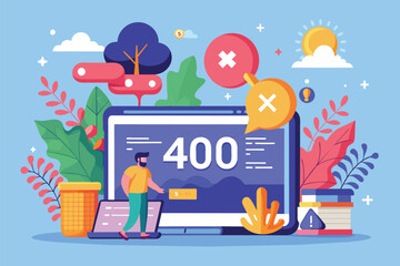 Naklejka premium A vibrant digital interface displays a 400 error message with illustrative elements like trees and speech bubbles, 404 error page not found on internet network, flat illustration.