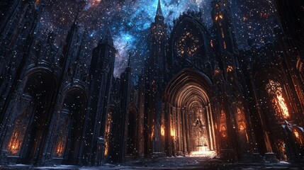 Fototapeta premium Enigmatic Dark Fantasy Cathedral with Glowing Accents and Detailed Carvings under a Starry Sky