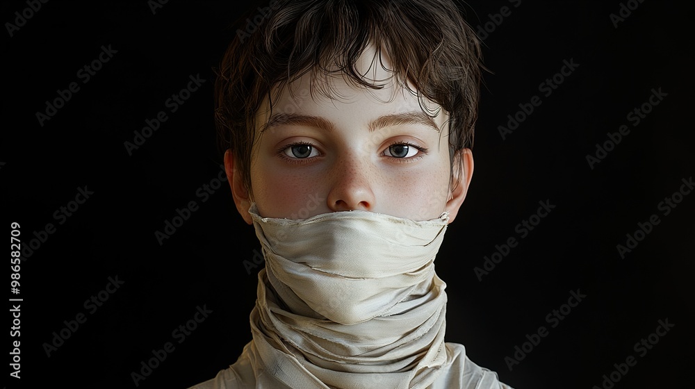 Wall mural Intense Portrait of a Young Boy with a Covered Mouth