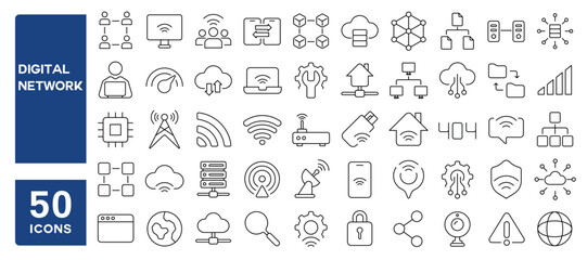 Set of 50 line icons related to digital network, technology, broadband, connection, communication, cloud, internet, server, wireless, router, networking, hosting, Editable stroke. Vector illustration