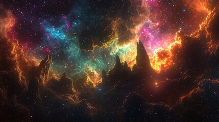 Fototapeta premium Enigmatic Celestial Landscape with Dark Cliffs and Glowing Stars in Twilight Sky