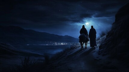 pregnant mary and joseph, on their way to bethlehem at night