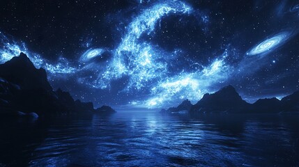 Celestial Lake in a Dark Paradise with Swirling Constellations - 3D Render