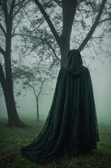 Naklejka premium An enigmatic figure cloaked in dark fabric stands still among towering trees in a misty forest during early morning light. Generative AI
