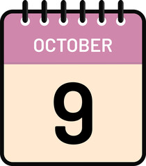 Calendar 9 October date icon with cute pastel colors
