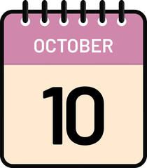 Calendar 10 October date icon with cute pastel colors