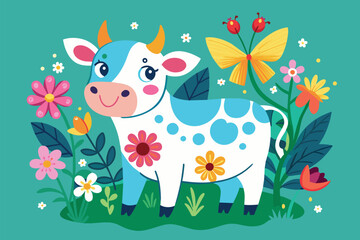 Fototapeta premium A cheerful cow stands among bright flowers and playful butterflies in a sunny garden, A cute picture of a cow with flowers and butterflies, flat style.