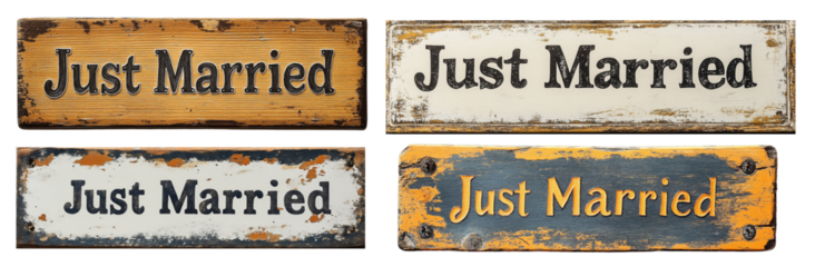 Just Married signs in various styles and colors, perfect for wedding celebrations and decor. These rustic signs add charming touch to any wedding event, symbolizing love and unity