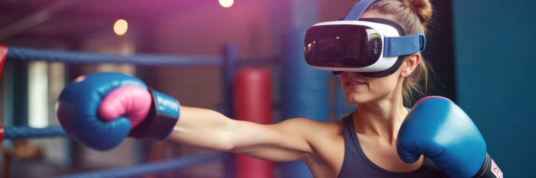 A woman engaging in virtual reality boxing, showcasing the fusion of fitness and technology in an innovative training environment. - Powered by Adobe